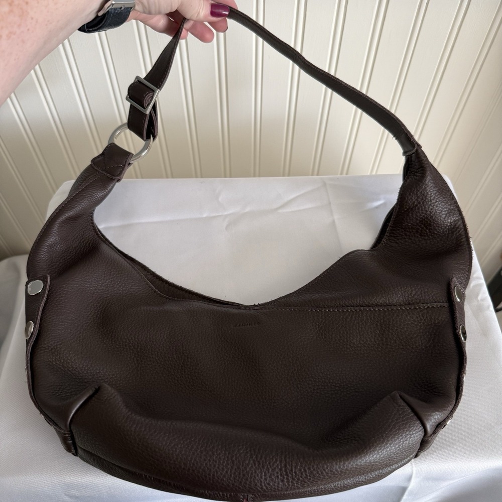 HAMMITT TOM MED ESPRESSO PEBBLE/SILVER CRESCENT LEATHER SHOULDER BAG PURSE